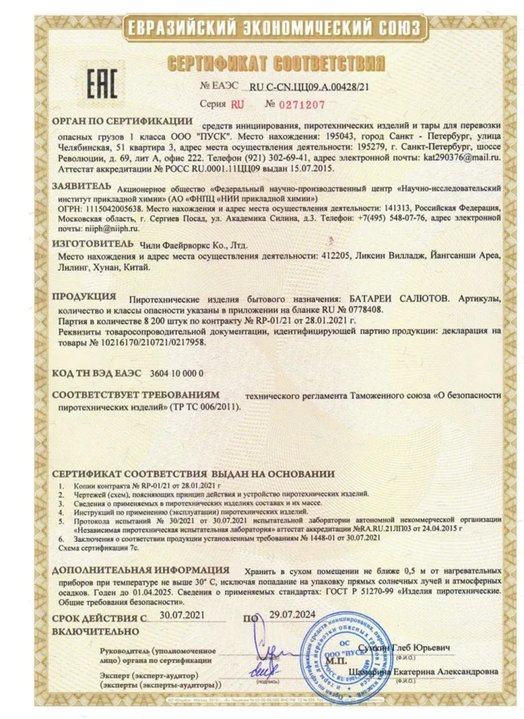 Сертификат на пиротехнику — Красногвардейское	